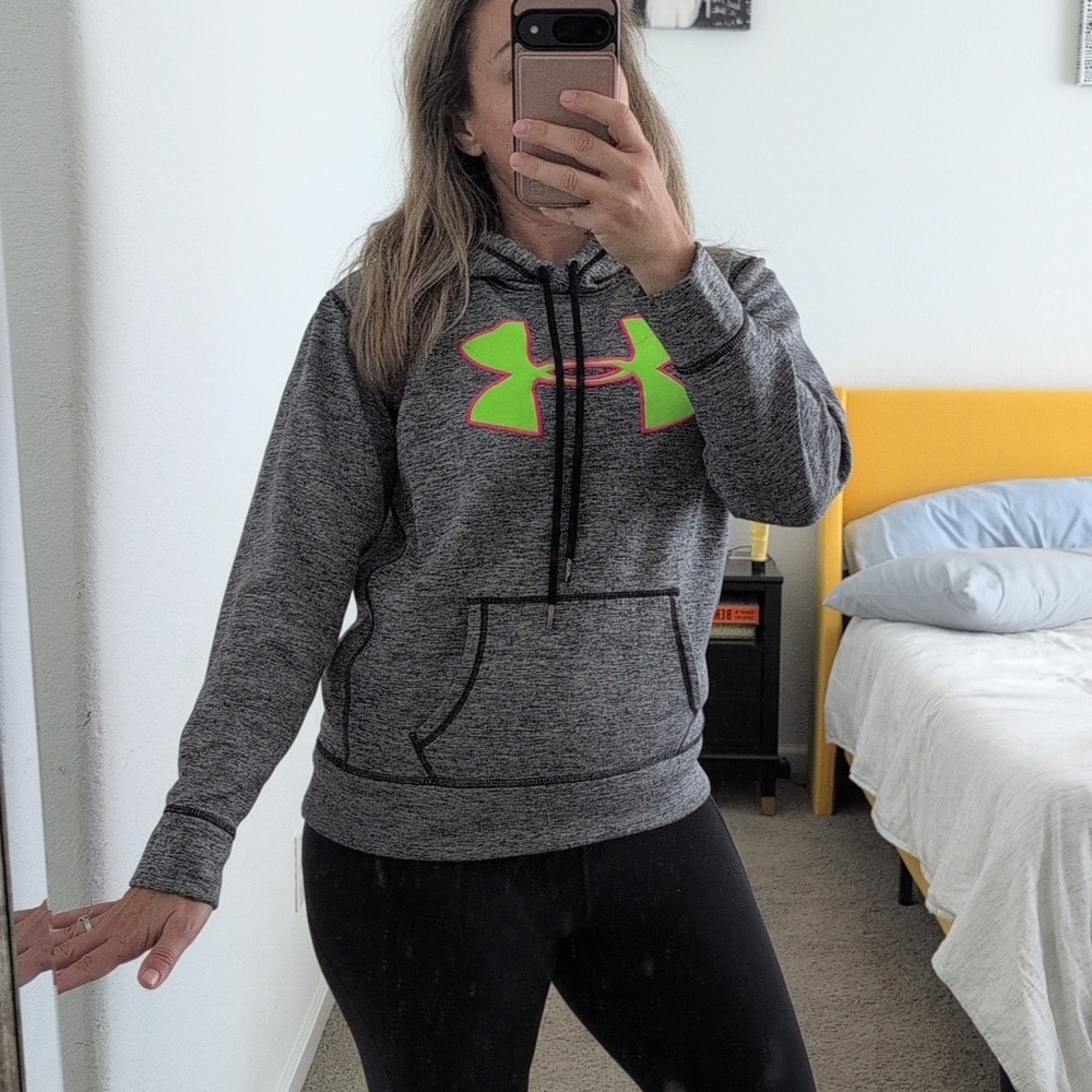 Under Armour Sweatshirt Heathered Gray Dri Fit Hoodie  Neon Green Logo Cold Gear